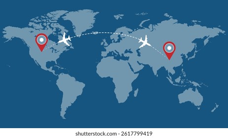 Professional illustration of a world map and flying from Asia to America