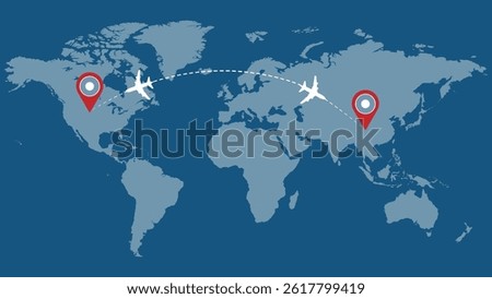 Professional illustration of a world map and flying from Asia to America