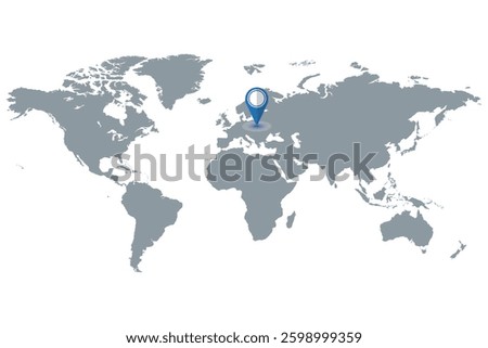 Professional illustration of a world map with pinpointing the continent of Europe on white