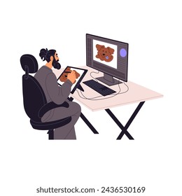 Professional illustrator sits at the table, draws digital picture. Talented man painting artwork with tablet. Artist works with computer at home. Flat isolated vector illustration on white background