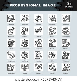 Professional Image icon set containing Keywords, Personality, Strengths, Background, Highlights, Motivation, Branding, Creativity, Passion, Specialization, Authority icon. Simple line vector