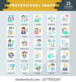 Professional Image icon set containing Keywords, Personality, Strengths, Background, Highlights, Motivation, Branding, Creativity, Passion, Specialization, Authority icon. Simple flat vector