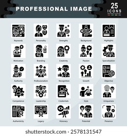 Professional Image icon set containing Keywords, Personality, Strengths, Background, Highlights, Motivation, Branding, Creativity, Passion, Specialization, Authority icon. Simple glyph vector