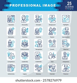 Professional Image icon set containing Keywords, Personality, Strengths, Background, Highlights, Motivation, Branding, Creativity, Passion, Specialization, Authority icon. Simple vector illustration