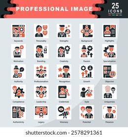 Professional Image icon set containing Keywords, Personality, Strengths, Background, Highlights, Motivation, Branding, Creativity, Passion, Specialization, Authority icon. Simple vector illustration