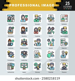 Professional Image icon set containing Keywords, Personality, Strengths, Background, Highlights, Motivation, Branding, Creativity, Passion, Specialization, Authority icon. Simple flat line vector