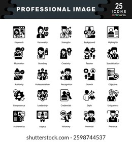 Professional Image icon set containing Keywords, Personality, Strengths, Background, Highlights, Motivation, Branding, Creativity, Passion, Specialization, Authority icon. Simple black vector