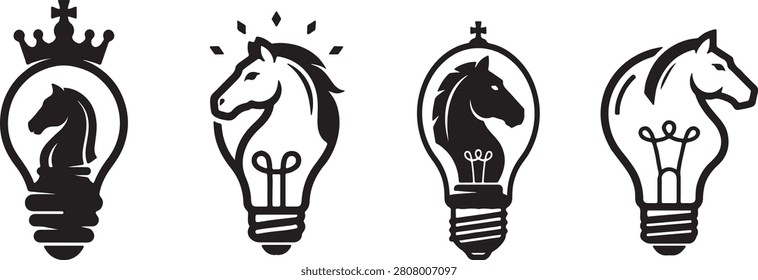 A professional and imaginative vector icon set combining the elegance of a chess knight with the symbolic lightbulb of innovation. This collection perfectly illustrates strategic thinking, creative problem-solving, intellectual brilliance, and business tactics. Ideal for management consulting firms, educational platforms, strategy-focused businesses, and creative agencies. The bold, clean black silhouettes are designed for high impact in logos, presentations, and professional branding projects. Scalable vector format