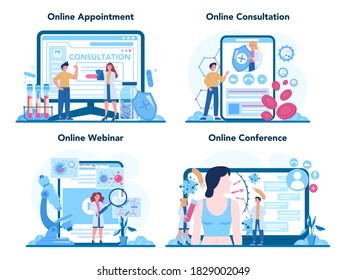 Professional immunologist online service or platform set. Idea of healthcare, virus prevention. Immune therapy. Online appointment, consultation, webinar, conference. Isolated vector illustration