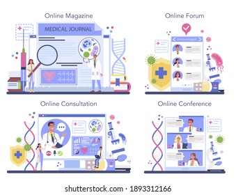 Professional immunologist online service or platform set. Virus prevention, immune system therapy and vaccination. Online magazine, consultation, forum, conference. Isolated flat vector illustration