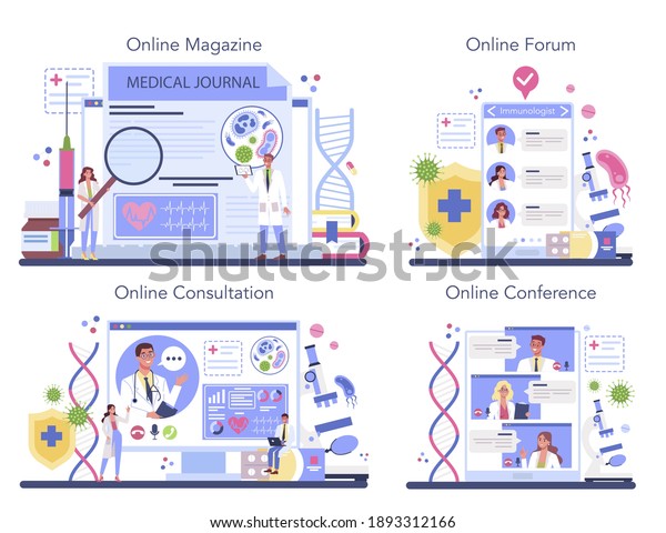 Professional immunologist online service or\
platform set. Virus prevention, immune system therapy and\
vaccination. Online magazine, consultation, forum, conference.\
Isolated flat vector\
illustration