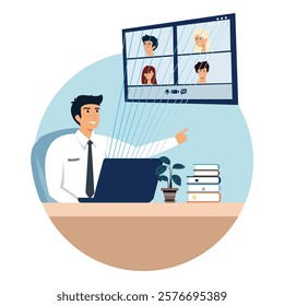 A professional individual participates in a virtual conference, using a laptop, showing engagement in remote communication setup while seated at a desk. Flat vector modern illustration 
