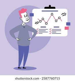 Professional individual standing confidently beside chart showing data trends and analysis in modern business environment