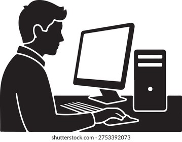Professional individual working at a computer desk with monitor and tower. silhouette vector icon