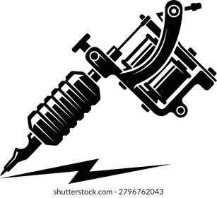 Professional induction tattoo machine silhouette with lightning bolt element, studio equipment emblem, retro master tool icon for body art,