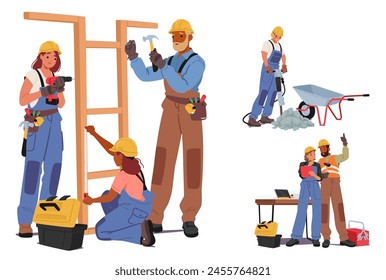 Profesional Industrial Trabajadores De La Construcción, Constructores, Y Empleados De Reparación En El Trabajo. Mujeres Y Hombres En Cascos Y Uniformes De Construcción Y Reparación De Actividades De Trabajo. Ilustración vectorial de Personas de dibujos animados