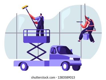 Professional Industrial Deep Cleaning Company Team Equipment, Vehicle Service. Men in Uniform Cleaning Window Working with Elevator Platform Car and Climbing Gear. Cartoon Flat Vector Illustration