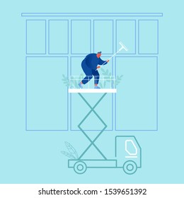 Trabajador profesional de la Compañía de Limpieza Profunda Industrial con Equipo, Servicio de Vehículos. Hombre en la ventana de limpieza uniforme trabaja con el coche de la plataforma de ascensores y el engranaje de escalada. Ilustración de vectores planos de dibujos animados