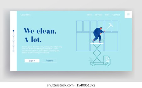 Professional Industrial Deep Cleaning Company Website Landing Page. Man Worker in Blue Uniform Cleaning Window Standing on Car Elevator Platform Web Page Banner. Cartoon Flat Vector Illustration