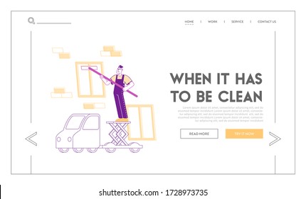 Professional Industrial Deep Cleaning Company Service Landing Page Template. Worker Character with Equipment and Vehicle Cleaning Windows Work with Elevator Platform on Car. Linear Vector Illustration