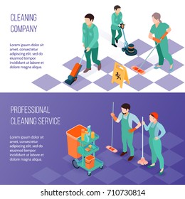 Professional Industrial Deep Cleaning Company Team Equipment And Services 2 Horizontal Isometric Banners Set Isolated Vector Illustration