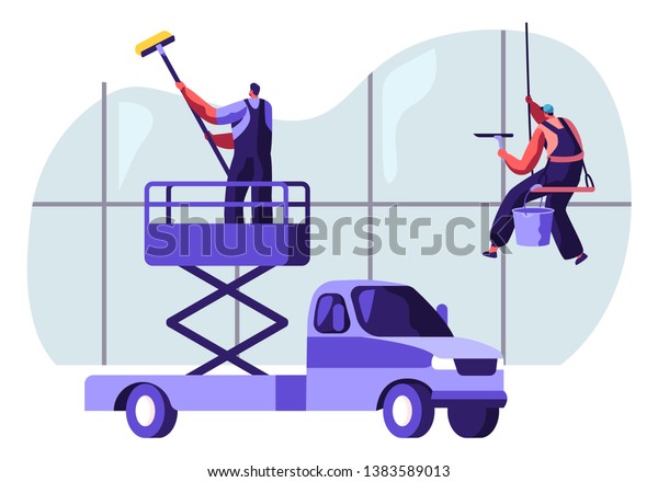 Professional Industrial Deep Cleaning
Company Team Equipment, Vehicle Service. Men in Uniform Cleaning
Window Working with Elevator Platform Car and Climbing Gear.
Cartoon Flat Vector
Illustration