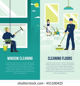 Professional industrial floor and windows cleaning services 2 flat vertical advertisement banners set abstract isolated vector illustration 