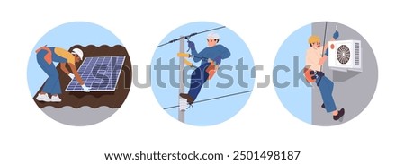 Professional industrial high-rise workers cartoon character providing qualified safety service work