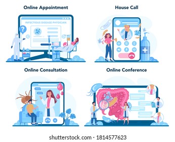Professional infectionist online service or platform set. Infection disease physician treating vector-borne disease. Online appointment, consultation, call, conference. Flat vector illustration