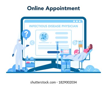 Professional infectionist online service or platform. Infection disease physician treating vector-borne disease. Online appointment. Flat vector illustration