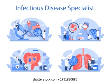 Professional Infectionist Set. Infection Disease Specialist Treating Infectious Disease. Virus And Respiratory Infection Outbreak Emergency Help. Isolated Flat Vector Illustration