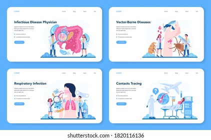 Professional infectionist web banner or landing page set. Infection disease physician treating vector-borne disease. Virus and respiratory infection outbreak emergency help. Flat vector illustration