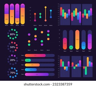 Professional info analysis infographic chart design template set for dark theme. Visual data presentation. Bar graphs and circular diagrams collection. Myriad Variable Concept font used