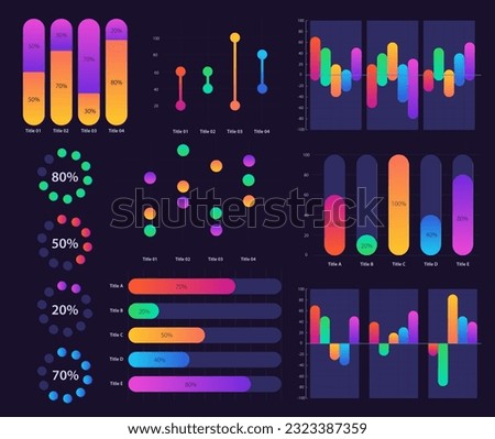 Professional info analysis infographic chart design template set for dark theme. Visual data presentation. Bar graphs and circular diagrams collection. Myriad Variable Concept font used