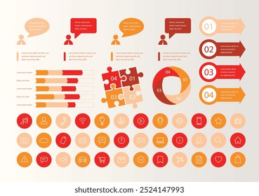 Professional infographic elements, Icons, bubble speech, puzzle parts, bars and arrows 