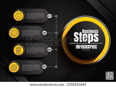 Professional infographic layout with 4 steps in yellow and black, business data presentation and workflow design, modern editable template for reports and analytics, not AI generated.
