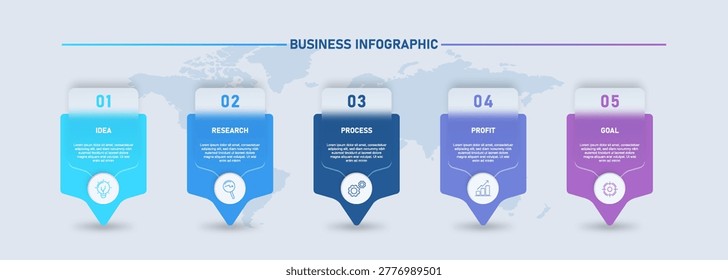 Professional infographic template with 5 step layout using location pin shapes and global map background. Clean gradient design suitable for presentations, workflow diagrams, and international business use.