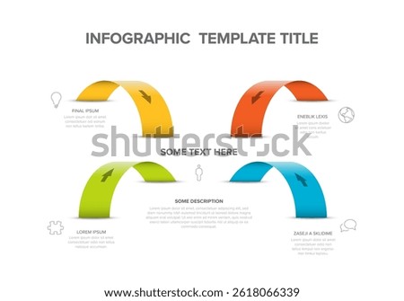 A professional infographic template featuring four colorful arcs with arrows, labeled sections, and placeholders for brief descriptions and icons. Ideal for presentations or data visualization.
