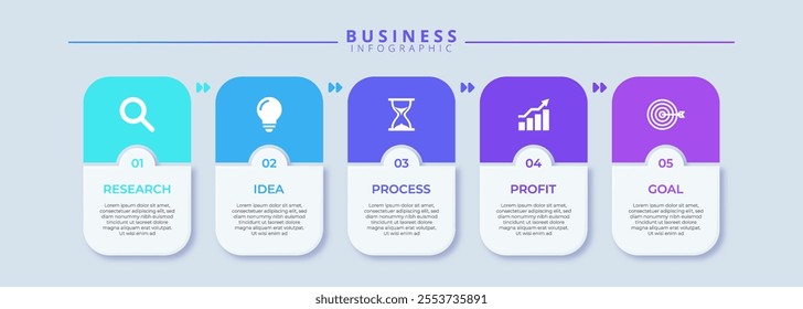 Professional infographic template showcasing 5 step timeline journey. Features clean process flow with 5 options, ideal for visualizing business strategies or project milestones. Vector illustration.