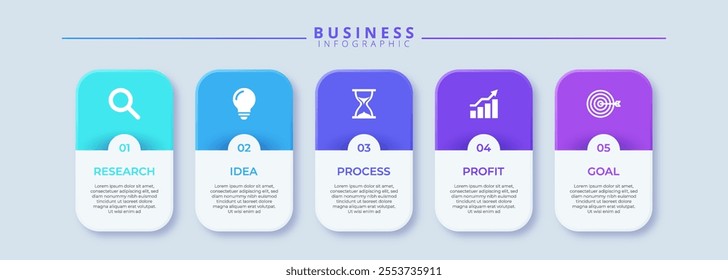 Professional infographic template showcasing 5 step timeline journey. Features clean process flow with 5 options, ideal for visualizing business strategies or project milestones. Vector illustration.