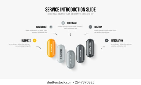 Professional Innovation 5 Element Diagram Frame Layout. Enterprise Overview Five Step Infographic Slide Template. Project Portfolio Presentation Design Vector Illustration.