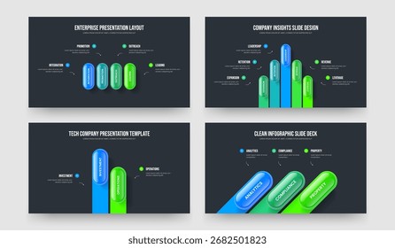 Professionelle Innovation Vier Fünf Zwei Drei-Schritt-Diagramm Diashow Vorlage Vektor Illustration Set. Werbeprognose 4 5 2 3 Option Infografik Präsentation Design Paket.