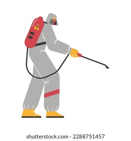 Professional insect exterminator with spray tool, flat vector illustration isolated on white background. Man in protective uniform and mask disinfecting with spray. Pest control service.