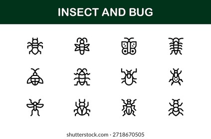 Professional Insect Line Icon Set – Modern minimal bug vector collection with creative outline illustrations for nature-themed projects.