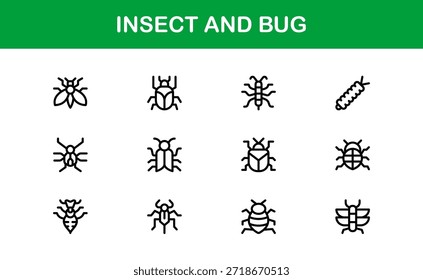 Professional Insect Line Icon Set – Modern minimal bug vector collection with creative outline illustrations for nature-themed projects.