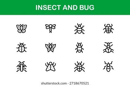 Professional Insect Line Icon Set – Modern minimal bug vector collection with creative outline illustrations for nature-themed projects.