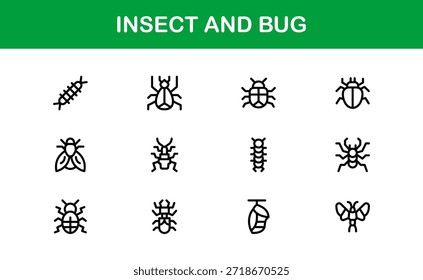 Professional Insect Line Icon Set – Modern minimal bug vector collection with creative outline illustrations for nature-themed projects.