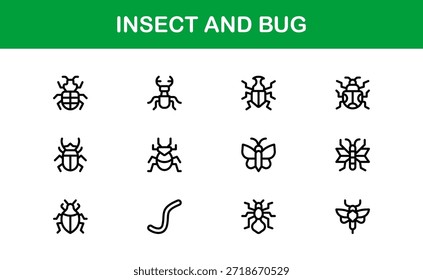 Professional Insect Line Icon Set – Modern minimal bug vector collection with creative outline illustrations for nature-themed projects.