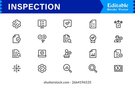 Conjunto de iconos de inspección de Profesional que incluye Elementos de auditoría, revisión, control de calidad y Búsqueda en estilo de Vector mínimo