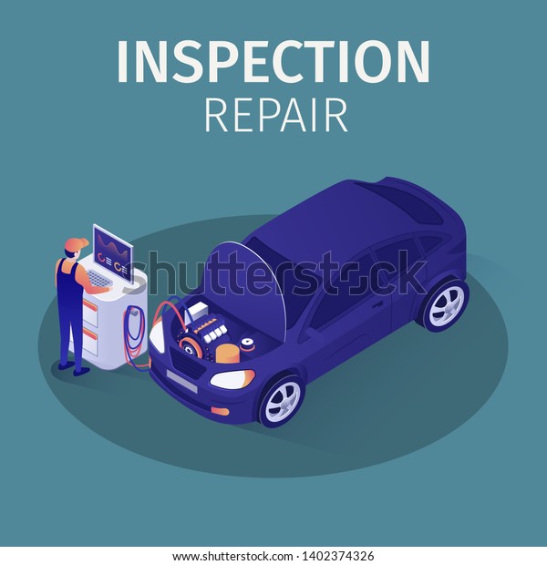 Professional Inspection Repair in\
Autoservice. Banner with Vector Isometric Car and Mechanic\
Performing Computer Diagnostics on Special Equipment. Vehicles\
Repairing and Maintenance 3d\
Illustration